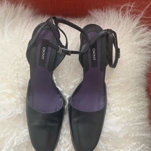 DKNY Black leather ankle strap heels